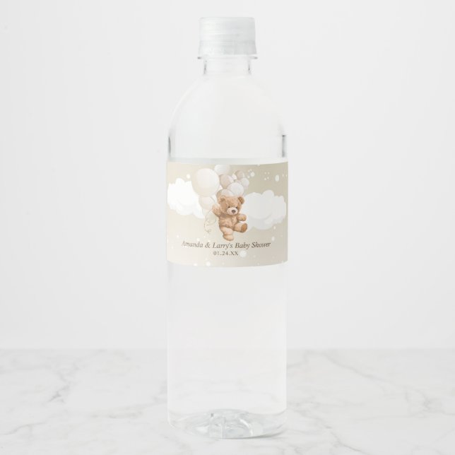 Etiqueta Para Botella De Agua Oso de peluche con globos (Anverso)