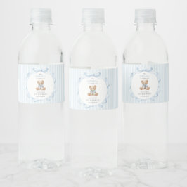 Etiqueta Para Botella De Agua Oso de peluche, lazo azul, rayas azules, primer cu