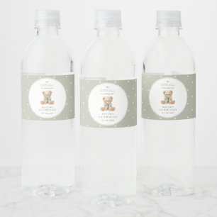 Etiqueta Para Botella De Agua Oso de peluche, lazo, lunares verdes, primer cumpl