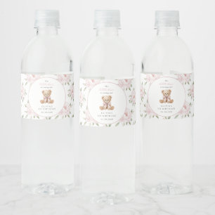 Etiqueta Para Botella De Agua Oso de peluche, lazo rosa, flores rosas, primer cu
