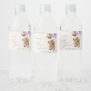 Etiqueta Para Botella De Agua Oso de peluche, oso de bebé, globo morado, Baby Sh