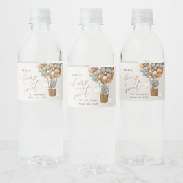 Etiqueta Para Botella De Agua Oso lindo, globos azules, primer cumpleaños