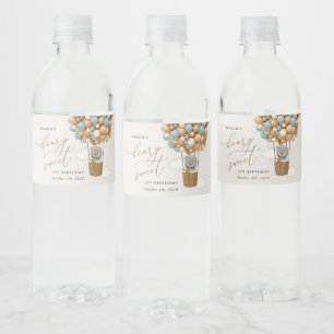 Etiqueta Para Botella De Agua Oso lindo, globos azules, primer cumpleaños