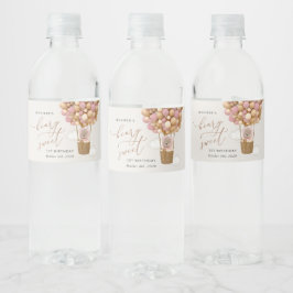 Etiqueta Para Botella De Agua Oso lindo, globos rosados, primer cumpleaños