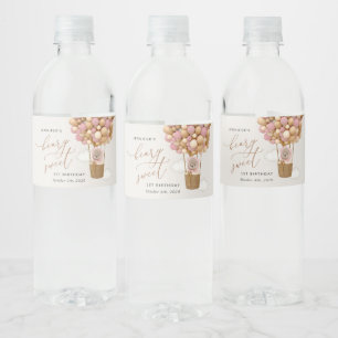 Etiqueta Para Botella De Agua Oso lindo, globos rosados, primer cumpleaños