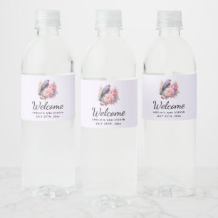 Etiqueta Para Botella De Agua Pájaro Cantando sobre Peonías Rosadas en Boda
