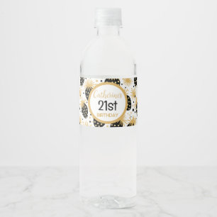 Etiqueta Para Botella De Agua Patrón de Fresa Negro y Dorado
