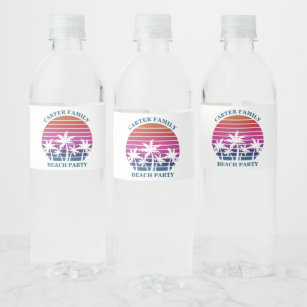 Etiqueta Para Botella De Agua Personalizado Tropical Sunset Pink Palm Tree Beach