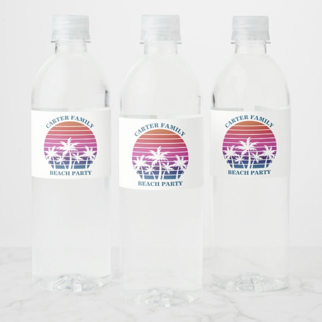 Etiqueta Para Botella De Agua Personalizado Tropical Sunset Pink Palm Tree Beach (Botellas)