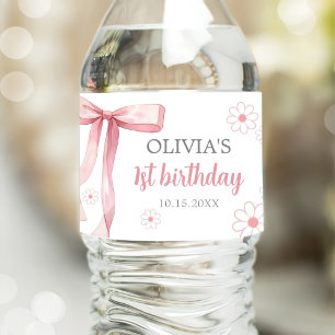 Etiqueta Para Botella De Agua Pink Bow Chica de cumpleaños 1