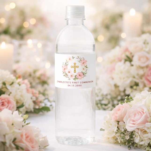 Etiqueta Para Botella De Agua Pink floral wreath First Communion (Subido por el creador)