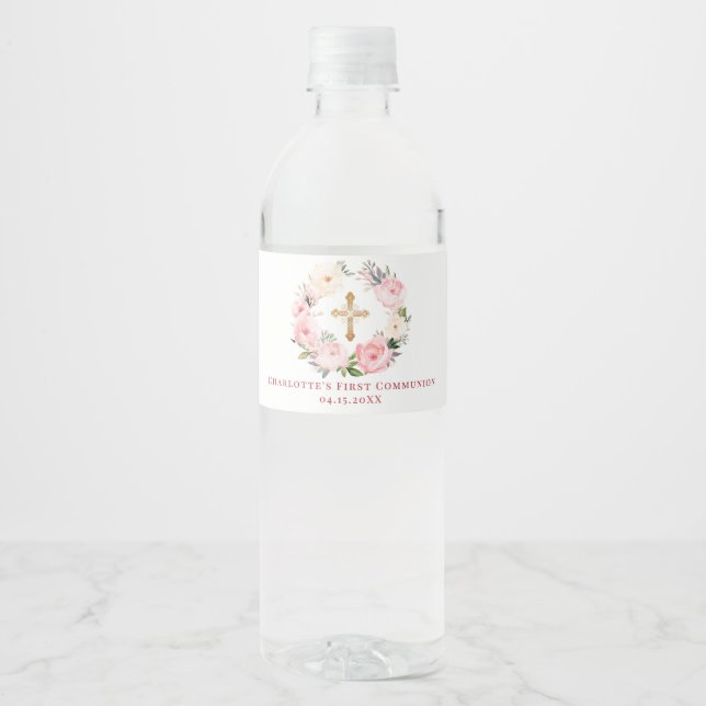 Etiqueta Para Botella De Agua Pink floral wreath First Communion (Anverso)