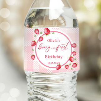Etiqueta Para Botella De Agua Pink Gingham Strawberry Birthday