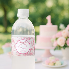 Etiqueta Para Botella De Agua Pink Toile Coquette Bow Primer Chica de cumpleaños