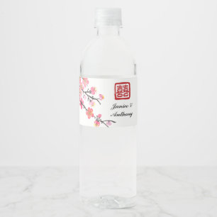 Etiqueta Para Botella De Agua pintura de tinta china floral boda de pajaros