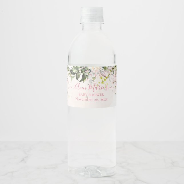 Etiqueta Para Botella De Agua PixDezines Blush acuarela Goma Eucalipto  (Anverso)