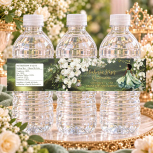 Etiqueta Para Botella De Agua Princesa Negra y Rana Sagrado Verde Quinceañera