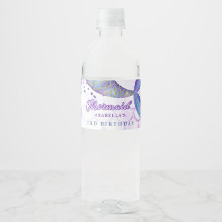 Etiqueta Para Botella De Agua Púrpura Pink Moderno Purpurina Sirena Cumpleaños