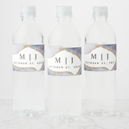 Etiqueta Para Botella De Agua Purpurina de oro y Boda del Agate Azul de la Marin