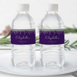 Etiqueta Para Botella De Agua Purpurina de plata morada goteo 40 Fiesta de cumpl