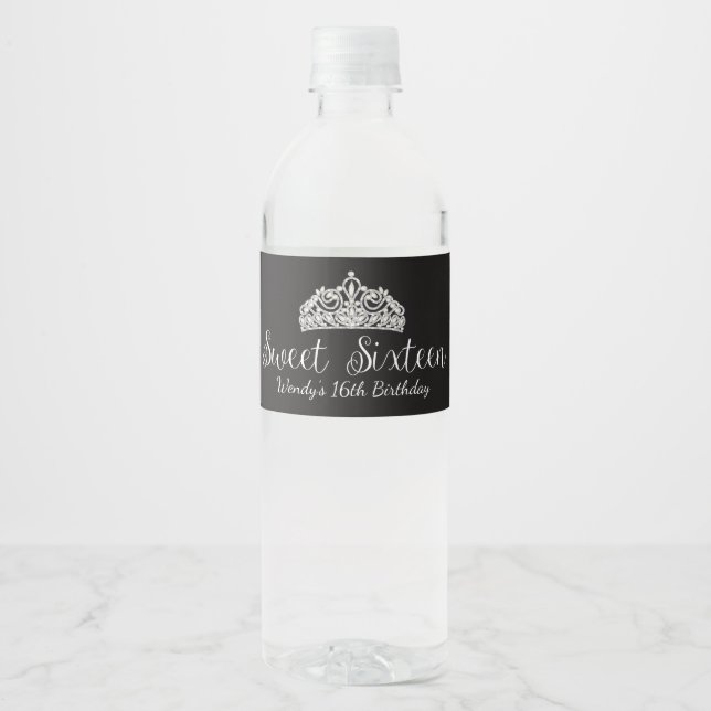 Etiqueta Para Botella De Agua Purpurina plateado, dulce 16 (Anverso)