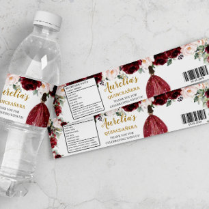 Etiqueta Para Botella De Agua Quinceañera Burgundy Rubor Floral 16 cumpleaños