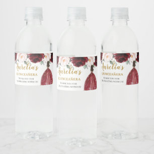 Etiqueta Para Botella De Agua Quinceañera Burgundy Rubor Floral Birthday Favor