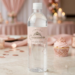 Etiqueta Para Botella De Agua Quinceañera de brillo de oro rosa
