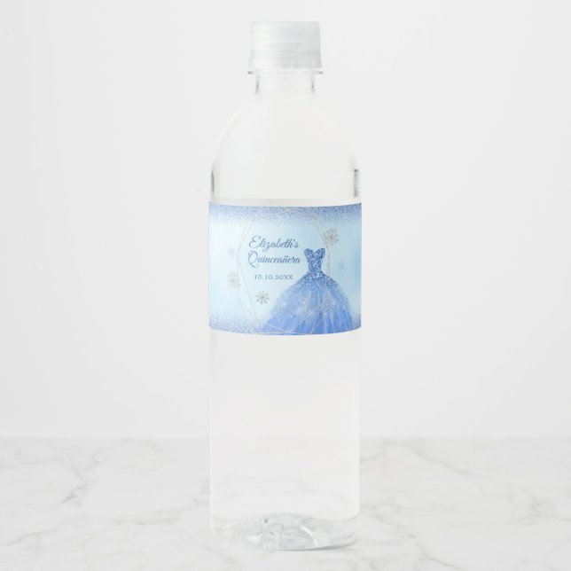 Etiqueta Para Botella De Agua Quinceañera de invierno azul turbio (Anverso)