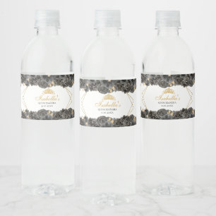 Etiqueta Para Botella De Agua Quinceanera floral de color negro y oro