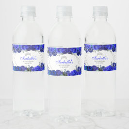 Etiqueta Para Botella De Agua Quinceanera floral real azul y plata