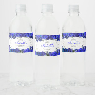 Etiqueta Para Botella De Agua Quinceanera floral real azul y plata