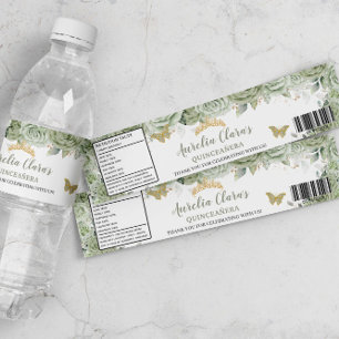 Etiqueta Para Botella De Agua Quinceañera Sage Floral Verde Mariposas Dulce 16