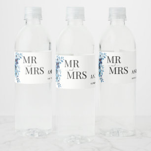 Etiqueta Para Botella De Agua Ramo de flores de acuarela azul polvoriento elegan