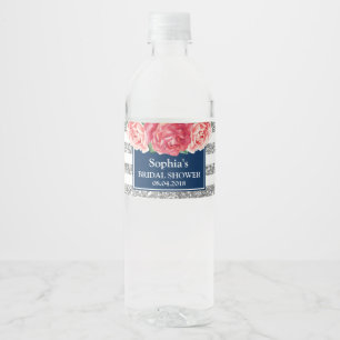 Etiqueta Para Botella De Agua Rayas de plata azul Floral rosa ducha de novia