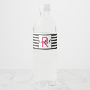 Etiqueta Para Botella De Agua Rayas modernas en blanco y negro monogramadas