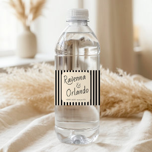 Etiqueta Para Botella De Agua Rayas Negras y Marfil Boda Retro Minimalista