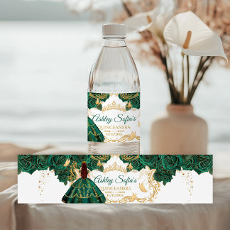 Etiqueta Para Botella De Agua Real Esmeralda Verde Quinceañera de Oro