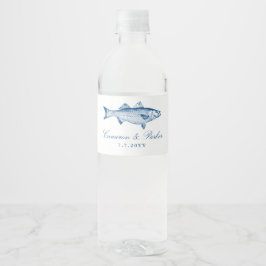 Etiqueta Para Botella De Agua Róbalo Listado Pez Azul Marino Favor de Boda