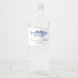 Etiqueta Para Botella De Agua Róbalo Listado Pez Azul Marino Favor de Boda