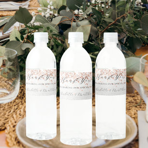 Etiqueta Para Botella De Agua Rosa de plata boda moderno gracias