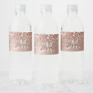 Etiqueta Para Botella De Agua Rosa Dorado Brillante con Holograma Negro y Blanco