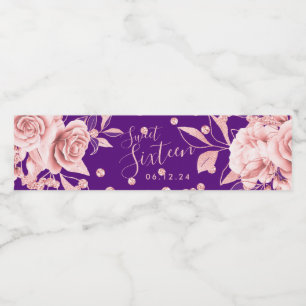 Etiqueta Para Botella De Agua Rosa Dorado Morado Dulce 16 Purpurina Confetti Flo