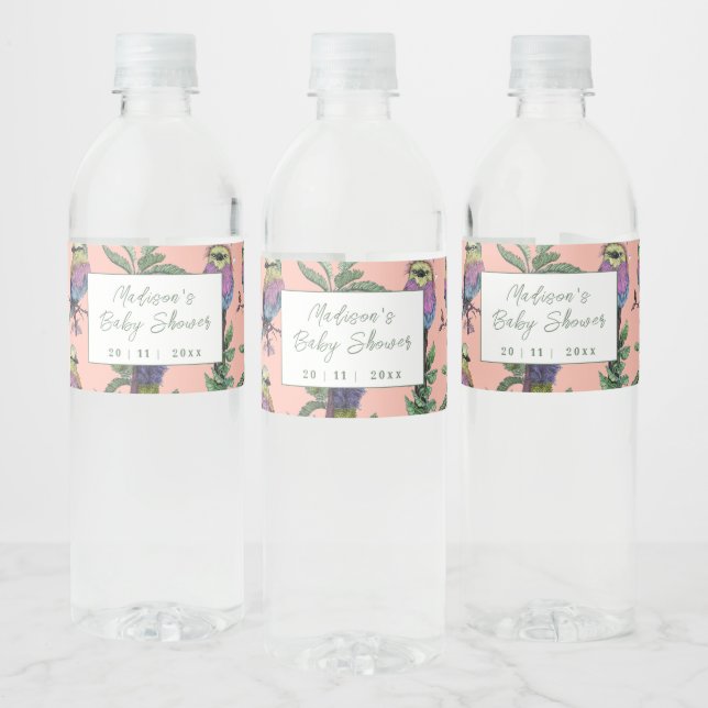 Etiqueta Para Botella De Agua Safari de aves tropicales rosadas (Botellas)