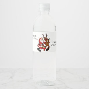 Etiqueta Para Botella De Agua Santa Claus con alce - Navidades felices