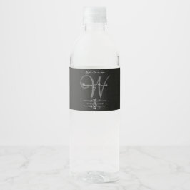 Etiqueta Para Botella De Agua Sencillo pero elegante: Lino negro con Monograma