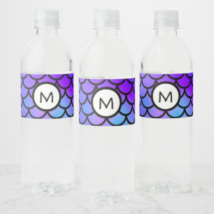 Etiqueta Para Botella De Agua Sirena azul rosa morado verde azulada escalas Fant