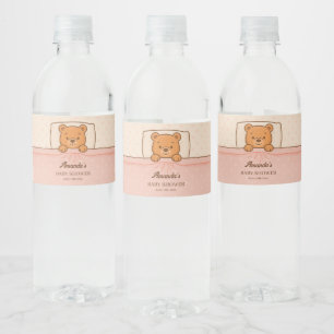 Etiqueta Para Botella De Agua Sleepy Teddy Bear Light Baby Shower Rosa