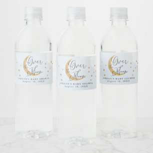 Etiqueta Para Botella De Agua Sobre la Luna, Brillo Dorado Baby Shower Azul