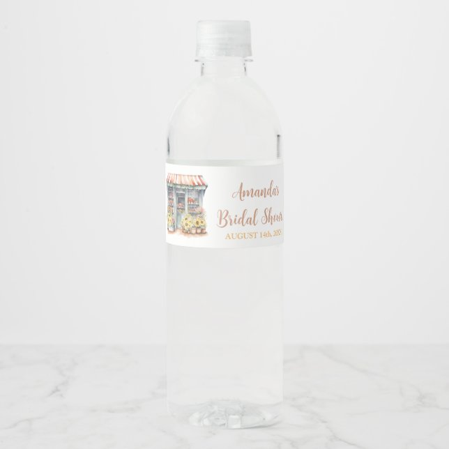 Etiqueta Para Botella De Agua Sunflowers Está fuera de la ducha de novia en el m (Anverso)